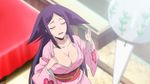  1girl animated animated_gif breasts eyes_closed japanese_clothes kimono large_breasts long_hair mushibugyou oharu_(mushibugyou) purple_hair solo standing yukata 