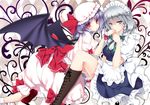  apron ayase_hazuki bat_wings blue_eyes blush boots braid covering_mouth cross-laced_footwear hair_ribbon hat hat_ribbon izayoi_sakuya knee_boots kneeling lavender_hair looking_at_viewer maid_headdress multiple_girls open_mouth red_eyes remilia_scarlet ribbon short_hair silver_hair sitting skirt touhou twin_braids waist_apron wings wrist_cuffs yuri 