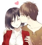  1girl bad_id bad_pixiv_id black_hair brown_hair closed_eyes couple eren_yeager eye_kiss hand_on_shoulder hetero jacket kiss mikasa_ackerman shingeki_no_kyojin short_hair simple_background white_background yasai_(getsu) 