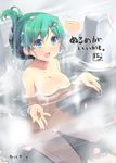  :d alternate_hairstyle blue_eyes blush breasts censored cleavage convenient_censoring folded_ponytail green_hair hair_ornament hairclip kochiya_sanae large_breasts nude onsen open_mouth petals pyonta shin_(new) sitting smile solo steam touhou water 