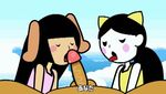  1boy 2girls animated animated_gif black_hair blush eyes_closed licking long_hair lowres minus8 multiple_girls nintendo open_mouth penis rhythm_tengoku saliva sex testicles tongue uncensored 