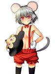  animal_ears black_legwear breasts calligraphy_brush_(medium) choker collarbone cosplay disney fukunaga_kazuhiro gloves grey_hair hand_on_hip highres looking_at_viewer mickey_mouse mickey_mouse_(cosplay) mouse_ears mouse_tail navel nazrin pink_eyes ribbon_choker shorts simple_background small_breasts smile solo stomach suspenders tail thighhighs topless touhou white_background white_gloves 
