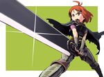  alternate_costume antenna_hair bandages berserk boots brown_eyes brown_hair cape cosplay dragonslayer_(sword) greatsword guts guts_(cosplay) hidaka_ai highres idolmaster idolmaster_dearly_stars kousaku open_mouth sheath short_hair solo sunrise_stance sword weapon 