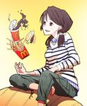  bad_id bad_pixiv_id barefoot brown_hair capri_pants food french_fries hamburger jewelry kazufumi_(kaz-newt) long_hair mcdonald's necklace original pants red_eyes shirt sitting smile soda solo striped striped_shirt sweater twintails yellow_background 