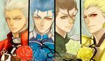  archer black_hair blonde_hair blue_flower blue_hair blue_rose brown_eyes earrings fate/stay_night fate/zero fate_(series) flower gilgamesh green_flower green_rose grey_eyes hair_slicked_back jewelry jun_(ash) lancer lancer_(fate/zero) mole mole_under_eye multiple_boys red_eyes red_flower red_rose rose white_hair yellow_eyes yellow_flower yellow_rose 