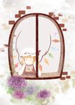 blonde_hair chin_rest closed_eyes crystal flandre_scarlet flower from_outside hat hat_ribbon hydrangea looking_out_window ma-hain-scarlet pointy_ears ribbon smile solo touhou wall window wings 