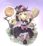  1girl blonde_hair broom cape duel_monster hat horns lolita_fashion nomalandnomal pumpkin solo witch_hat witch_of_the_ghostrick yellow_eyes yu-gi-oh! yuu-gi-ou_duel_monsters 