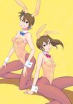  animal_ears bare_shoulders blush brown_eyes brown_hair bunny_ears bunnysuit detached_collar futami_ami futami_mami grin highres idolmaster idolmaster_(classic) kneeling multiple_girls oku_(okumen) pantyhose short_hair smile wrist_cuffs 