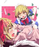  anger_vein apron bad_id bad_pixiv_id blonde_hair blue_dress bow culter dress fang feathers flower gengetsu hair_pull highres maid maid_headdress mugetsu multiple_girls pink_dress pointy_ears red_bow slit_pupils smile sweatdrop touhou touhou_(pc-98) yellow_eyes you_gonna_get_raped yuri 