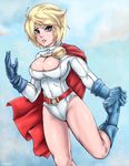  1girl alien baratsu blonde_hair breasts cape cleavage_cutout dc_comics flying gloves kryptonian large_breasts leotard power_girl red_cape solo 