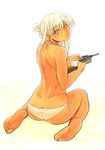  afukuro ass bad_id bad_pixiv_id barefoot bikini from_behind full_body gun handgun highres long_hair looking_back mauser_c96 nude original pistol side-tie_bikini simple_background solo string_bikini swimsuit weapon white_background white_bikini white_hair yellow_eyes 