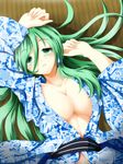  7ban alternate_costume arm_up bad_id bad_pixiv_id breasts cleavage collarbone floral_print green_eyes green_hair japanese_clothes kimono kochiya_sanae large_breasts long_hair long_sleeves looking_at_viewer lying on_back open_clothes open_kimono out-of-frame_censoring sash solo tatami touhou very_long_hair wide_sleeves yukata 