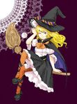  alternate_costume ankle_lace-up blonde_hair broom broom_riding candy cape cross-laced_footwear doily food hat hat_ribbon kirisame_marisa lollipop long_hair ma-hain-scarlet one_eye_closed orange_legwear pantyhose ribbon skirt smile solo touhou witch_hat yellow_eyes 