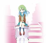  alternate_costume blue_hair book contemporary desk gradient_hair green_eyes green_hair hinata_ichi kochiya_sanae long_hair multicolored_hair on_desk school_uniform serafuku sitting sitting_on_desk solo touhou 