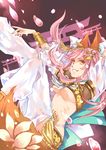  alternate_costume amaterasu_(fate) animal_ears breasts fate/extra fate/extra_ccc fate_(series) fox_ears fox_tail jewelry large_breasts long_hair petals pink_hair puyue sidelocks solo tail tamamo_(fate)_(all) tamamo_no_mae_(fate) tiara twintails underboob yellow_eyes 