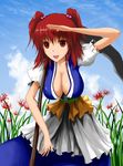  breasts cala_(artist) cleavage flower hair_bobbles hair_ornament large_breasts onozuka_komachi red_eyes red_hair scythe smile solo spider_lily touhou two_side_up 