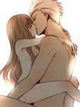  1girl archer bad_id bad_pixiv_id brown_eyes brown_hair cum cum_in_pussy fate/extra fate_(series) hetero kishinami_hakuno_(female) kiss long_hair mikicocha nude sex straddling tears upright_straddle vaginal white_hair 