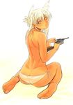  afukuro animal_ears ass bad_id bad_pixiv_id barefoot bikini fox_ears from_behind full_body gun handgun highres long_hair looking_back mauser_c96 nude original pistol side-tie_bikini simple_background solo string_bikini swimsuit weapon white_background white_bikini white_hair yellow_eyes 