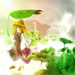  1girl animal_print blonde_hair cloud female frog gradient gradient_background hair_ribbon hat highres hoop kaenbyou_rin kaenbyou_rin_(cat) leaf leaf_umbrella lily_pad long_sleeves looking_at_viewer mishaguji moriya&#039;s_iron_rings moriya's_iron_rings moriya_suwako necktie nyago pantyhose payot purple_hair rain reisen_udongein_inaba reisen_udongein_inaba_(bunny) ribbon rope shide shimenawa short_hair sidelocks skirt skirt_set solo torii touhou wheelbarrow wide_sleeves yellow_eyes 