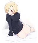  ass barefoot bed blonde_hair blush bottomless covering_mouth earrings from_behind hair_over_one_eye hood hoodie idolmaster idolmaster_cinderella_girls jewelry looking_at_viewer looking_back mitsukazu_(nijigen_complex) open_mouth pussy pussy_juice red_eyes shirasaka_koume short_hair sitting sleeves_past_wrists solo 