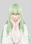  androgynous bad_id bad_pixiv_id enkidu_(fate/strange_fake) fate/strange_fake fate_(series) green_eyes green_hair hands_on_own_face long_hair male_focus robe solo tomose0224 
