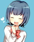  :d ^_^ blue_background blue_hair blush cardigan closed_eyes ebo heart inazuma_eleven_(series) inazuma_eleven_go inazuma_eleven_go_galaxy open_mouth ribbon school_uniform short_hair smile solo sorano_aoi 