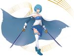  belt blue_eyes boots breasts cape detached_sleeves dual_wielding gloves highres holding magical_girl mahou_shoujo_madoka_magica miki_sayaka orz_(orz57) pleated_skirt short_hair skirt small_breasts solo sword thighhighs weapon white_gloves white_legwear 