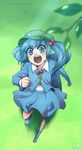  absurdres backpack bad_anatomy bag banned_artist blue_hair boots from_above hair_bobbles hair_ornament hat highres hopeless_masquerade kawashiro_nitori key open_mouth pocket reef running skirt skirt_set touhou twintails 