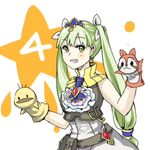  bow frey_(rune_factory) gem green_eyes grin hair_bow hand_puppet long_hair looking_at_viewer lowres puppet rune_factory rune_factory_4 sakurage smile solo star twintails 