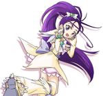  :d boots cure_egret futari_wa_precure_splash_star ixy knee_boots long_hair looking_back mishou_mai open_mouth ponytail precure purple_eyes purple_hair shadow simple_background smile solo white_background white_footwear 