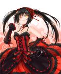  bare_shoulders black_hair breasts choker cleavage clock date_a_live detached_sleeves dress gears gothic_lolita hairband hand_on_hip heterochromia lolita_fashion lolita_hairband long_hair looking_at_viewer medium_breasts okitakung red_dress ribbon_choker smirk solo symbol-shaped_pupils tokisaki_kurumi twintails yellow_eyes 