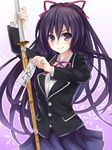  &gt;:) anti_(untea9) black_hair blazer date_a_live hair_ribbon jacket long_hair looking_at_viewer purple_eyes purple_hair ribbon school_uniform shinai skirt smile solo sword translated v-shaped_eyebrows very_long_hair weapon yatogami_tooka 