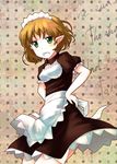  alternate_costume apron blonde_hair brown_dress dress english green_eyes hands_on_hips highres ikamagu looking_at_viewer maid maid_headdress mizuhashi_parsee pointy_ears solo touhou waist_apron 