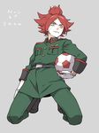  bad_id bad_pixiv_id ball boots cosplay full_body gloves inazuma_eleven inazuma_eleven_(series) male_focus military military_uniform mistorene_callus mistorene_callus_(cosplay) nagumo_haruya red_hair simple_background soccer_ball solo telstar uniform zuwai_kani 