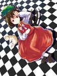  animal_ears brown_eyes brown_hair cat cat_ears cat_tail checkered checkered_floor chen dress hamakenn hat hat_removed headwear_removed highres looking_at_viewer multiple_tails short_hair smile solo tail touhou 