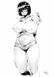  bare_shoulders belly breasts dated drumsticks eating food glasses greyscale highres huge_breasts monochrome navel original orushibu plump short_hair simple_background solo thick_thighs thighs translation_request weight_gain white_background 