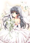  bare_shoulders black_hair blush bouquet breasts bridal_veil chize choker dress elbow_gloves flower gloves gown green_eyes hair_flower hair_ornament happy_tears highres long_hair medium_breasts saten_ruiko smile solo tears to_aru_kagaku_no_railgun to_aru_majutsu_no_index veil wedding_dress 