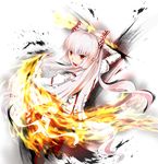  cala_(artist) fire fujiwara_no_mokou hair_ribbon long_hair ofuda red_eyes ribbon solo suspenders touhou very_long_hair white_hair 