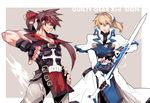  blonde_hair blue_eyes brown_hair capelet copyright_name electricity fingerless_gloves forehead_protector gloves guilty_gear guilty_gear_xrd hair_ribbon headband ky_kiske long_hair mameshibasuke multiple_boys over_shoulder ponytail ribbon short_ponytail sol_badguy sword thumbs_down weapon 