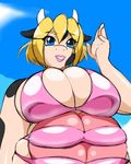  big_breasts bikini blonde_hair blue_eyes bovine breasts cattle clothing female hair horn huge_breasts mammal overweight speeds swimsuit teats tight_clothing udders 