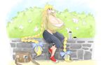  blonde_hair braid cassie(theycallhimcake) cleavage coffee curvaceous flower gigantic_breasts hair_ribbon huge_breasts long_hair original park sitting sweater theycallhimcake twin_braids very_long_hair 