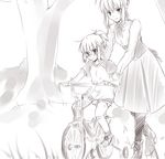  artoria_pendragon_(all) bandages bandaid bandaid_on_nose bicycle blush cutoffs fate/apocrypha fate/grand_order fate/stay_night fate_(series) greyscale ground_vehicle monochrome mordred_(fate) mordred_(fate)_(all) mother_and_daughter motherly multiple_girls pantyhose ponytail riding saber shorts sketch smile training_wheels tree tusia 