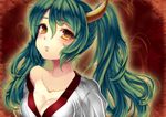  blush breasts cleavage green_hair hatsune_miku horn large_breasts long_hair off_shoulder ruchiru solo twintails vocaloid yellow_eyes 