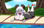 anthro bear big_breasts breasts cleavage clothed clothing female green_eyes hair happy mammal outside panda pond smile tiger1001 two_tone_hair 