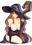  black_gloves breasts brown_eyes brown_hair cleavage dragon's_crown elbow_gloves gloves hat highres holding large_breasts lips long_hair parted_lips sash shirabi sitting smile solo sorceress_(dragon's_crown) staff witch_hat yokozuwari 