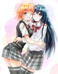  bad_id bad_pixiv_id black_hair blue_eyes hair_ribbon long_hair multiple_girls orange_hair plaid plaid_skirt ribbon school_uniform short_hair skirt thighhighs yahari_ore_no_seishun_lovecome_wa_machigatteiru. yakan_(2281101) yuigahama_yui yukinoshita_yukino zettai_ryouiki 