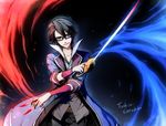  black_hair blue_eyes character_name fushimi_saruhiko glasses highres k_(anime) linjie male_focus rapier solo sword weapon 