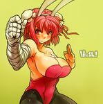  alternate_costume animal_ears armpits backless_outfit bandages bare_arms bare_shoulders black_legwear breasts bun_cover bunny_ears bunnysuit cleavage double_bun fake_animal_ears fighting_stance ibaraki_kasen large_breasts leotard looking_at_viewer pantyhose pink_eyes pink_hair red_leotard sachito solo touhou 