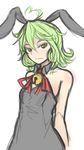  1girl ahoge animal_ears arceonn arms_behind_back bare_shoulders bell borrowed_character bunny_ears dress green_hair heart_ahoge highres original ribbon rough sketch small_breasts smile solo yellow_eyes 