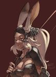  2013 animal_ears armor bow_(weapon) breasts bunny_ears cleavage dark_skin dated final_fantasy final_fantasy_xii fran highres junkpuyo large_breasts lips long_hair nose over_shoulder ponytail red_eyes simple_background solo viera weapon weapon_over_shoulder white_hair 